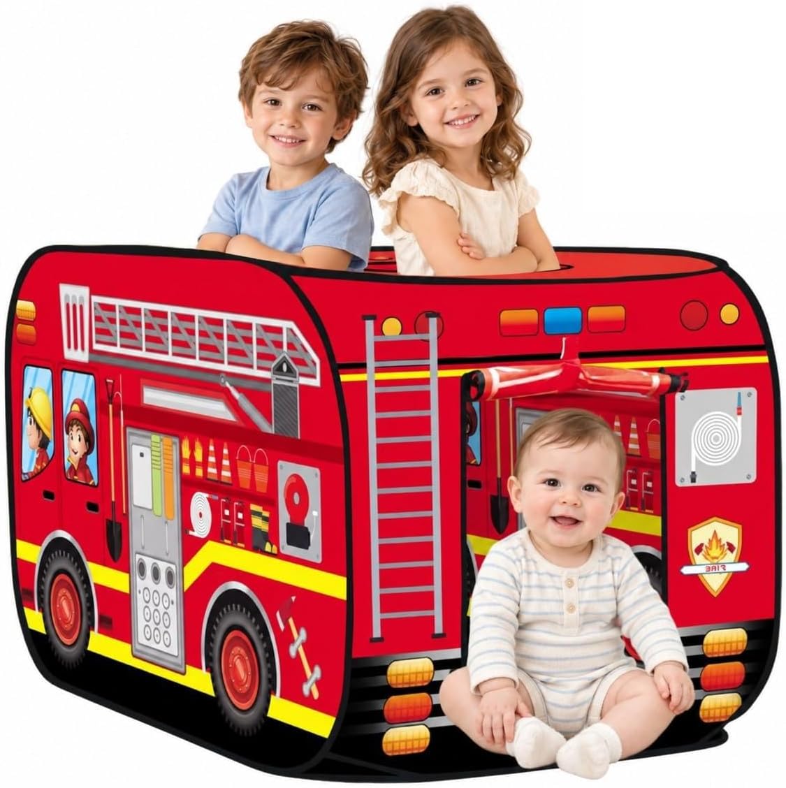 Cecailin fire truck pop up play tent for kids with roll-up door in red - view 5