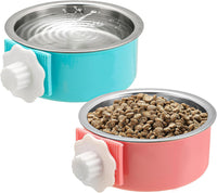 2 Pieces Crate Dog Bowl, Removable Stainless Steel Pet Kennel Hanging Food Water Feeder Bowl Cage - Blue,Red
