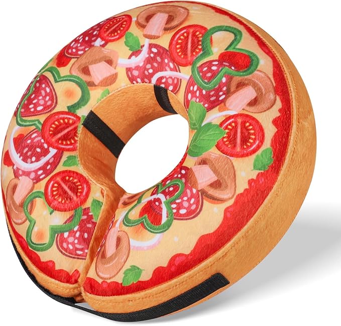 Grand Line Pizza Inflatable Collar for Dog and Cat, Soft Protective Recovery Cone After Surgery, Blow up Pet Donut Collar Cone, E-Collar Alternative Does not Block Vision (Cartoon, Large)