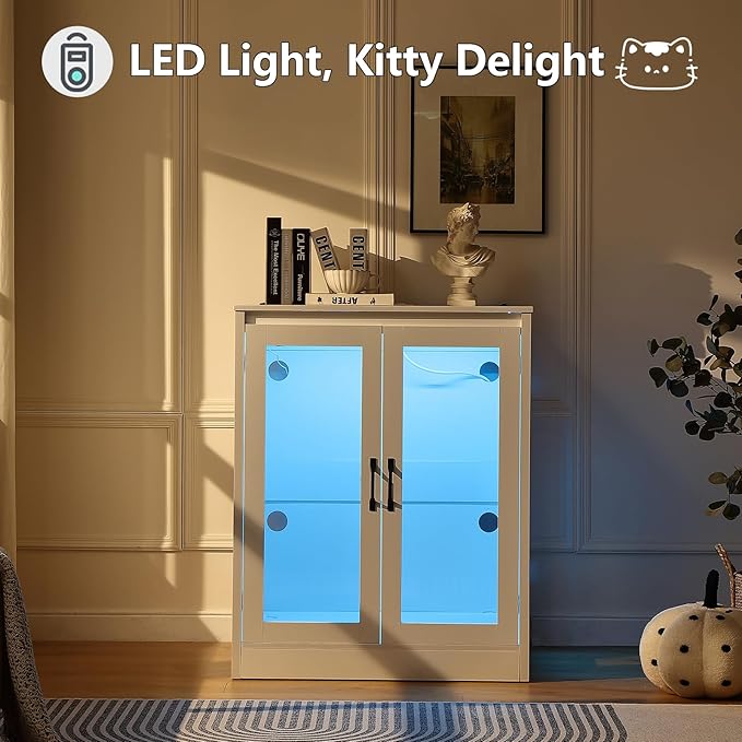 Cat Litter Robot Enclosure with Cat-Observant Glass Doors,Litter Robot Cabinet with Cozy LED for Cats,Reversible and Optional Entry(Left or Right),Power Outlet for More Choice, (White)
