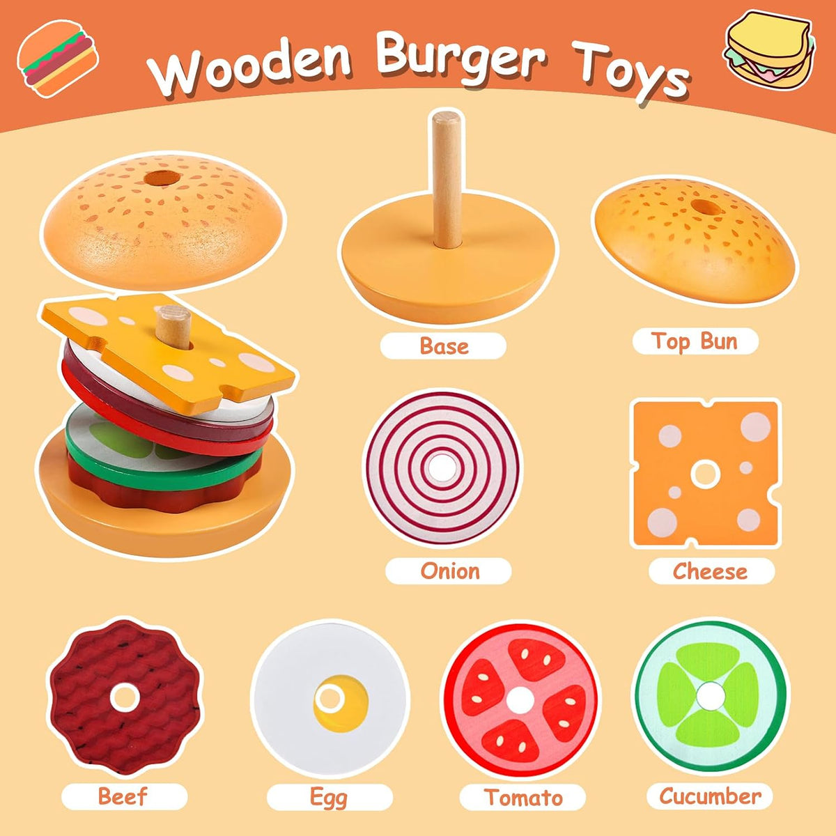 Pajojoqa wooden sandwich stacking toy with egg, cheese, bacon, lettuce, tomato and bun pieces - view 5