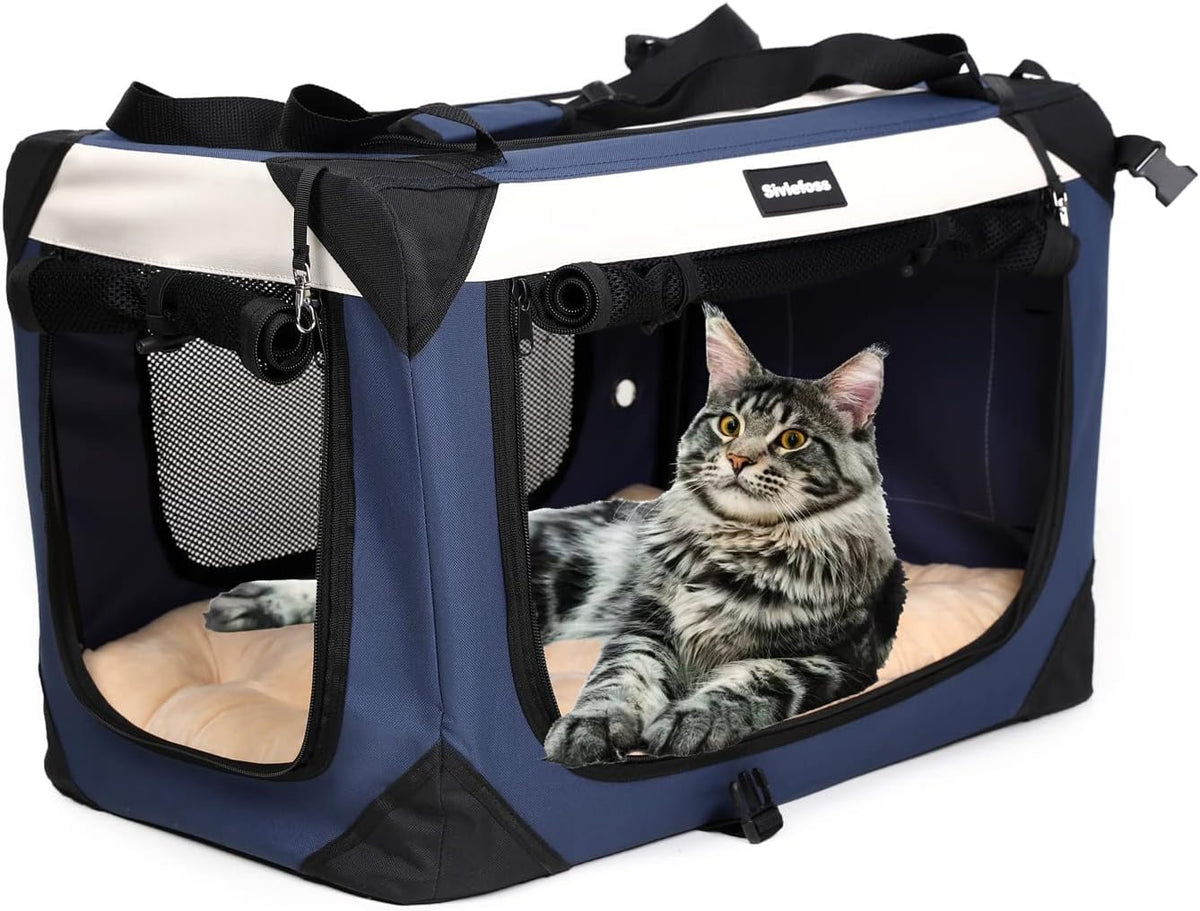 Large Cat Carrier Collapsible Travel Dog Crate Portable Soft-Sided - 20.0"L x 14.0"W x 14.0"H / Navy Blue