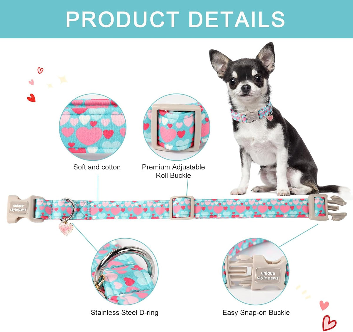 Dog Collar With Metal Buckle, Red Rose Flower Gift for Small - Colorful Love / L - image 2