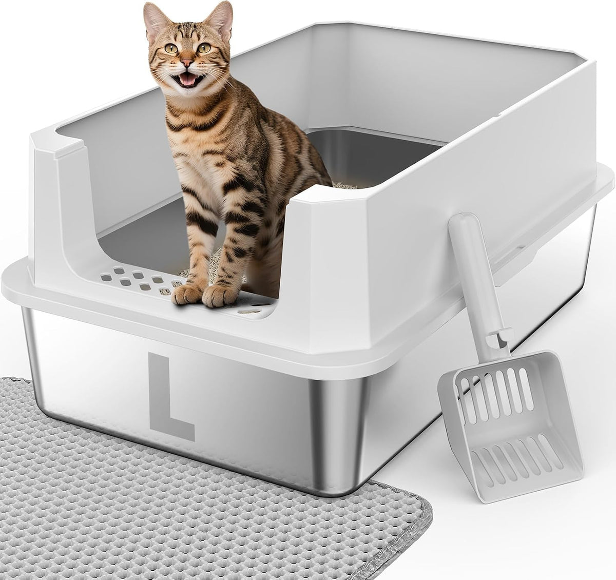 FURTIME Stainless Steel Cat Litter Box - Silver / Large