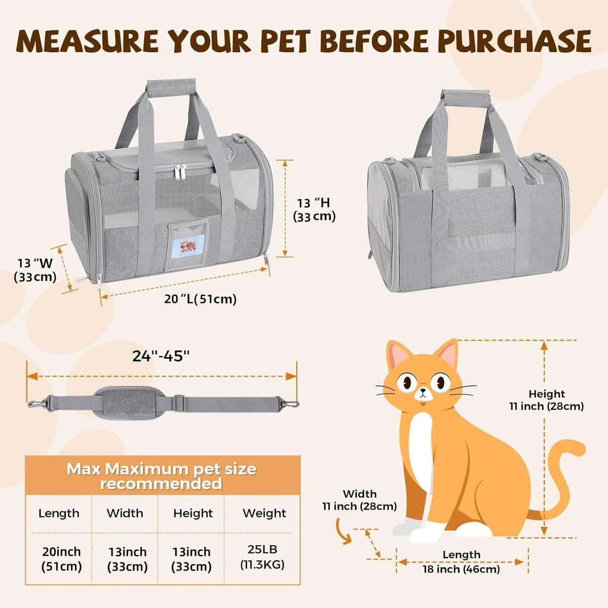 Soft Cat Carrier, Small Dog Bag Soft-Sided Cat Carriers - Gray / 13.0"L x 13.0"W x 20.0"H - image 3