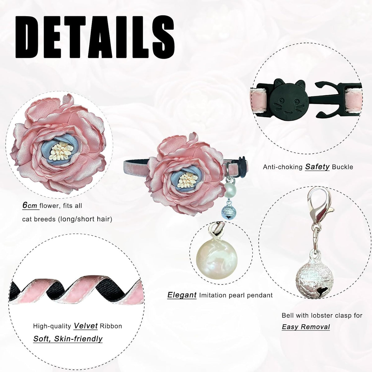 Fupo Cat Collar, Breakaway Adjustable with Bell& Flower - PINK #2 - image 2