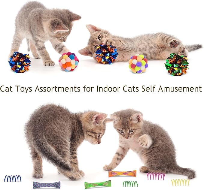 Retro Shaw Cat Tunnels with Cat Toys Pack, Interactive Kitten Toys for Indoor Cats Kitty, Kitten Tube Tent Feather Wand Teaser Bell Fuzzy Ball Springs Mouse (25 Pcs Extra Large Cat Tunnel Toys Set)