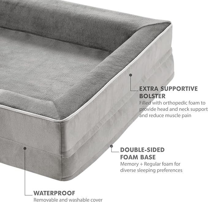 Friends Forever Orthopedic Dog Bed for Extra Large Dogs, Waterproof Memory Foam Dog Sofa Bed XL with Removable Washable Cover, Ally Grey, 42x32x7