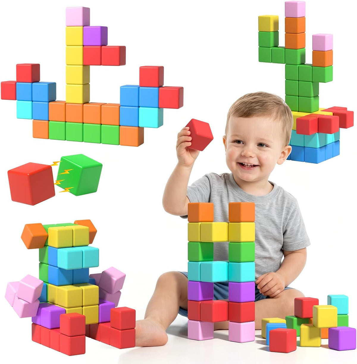 Large Magnetic Blocks,56PCS 1.34in 3D Building Cubes for Kids Ages 3+ – Fun for Kids & Family - 56PCS（1.34in）