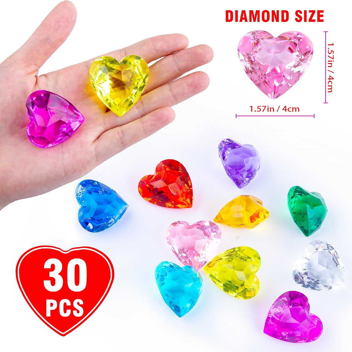 Niceup acrylic heart gems, 30 chunky 3D heart-shaped diamond gemstones for kids - view 36