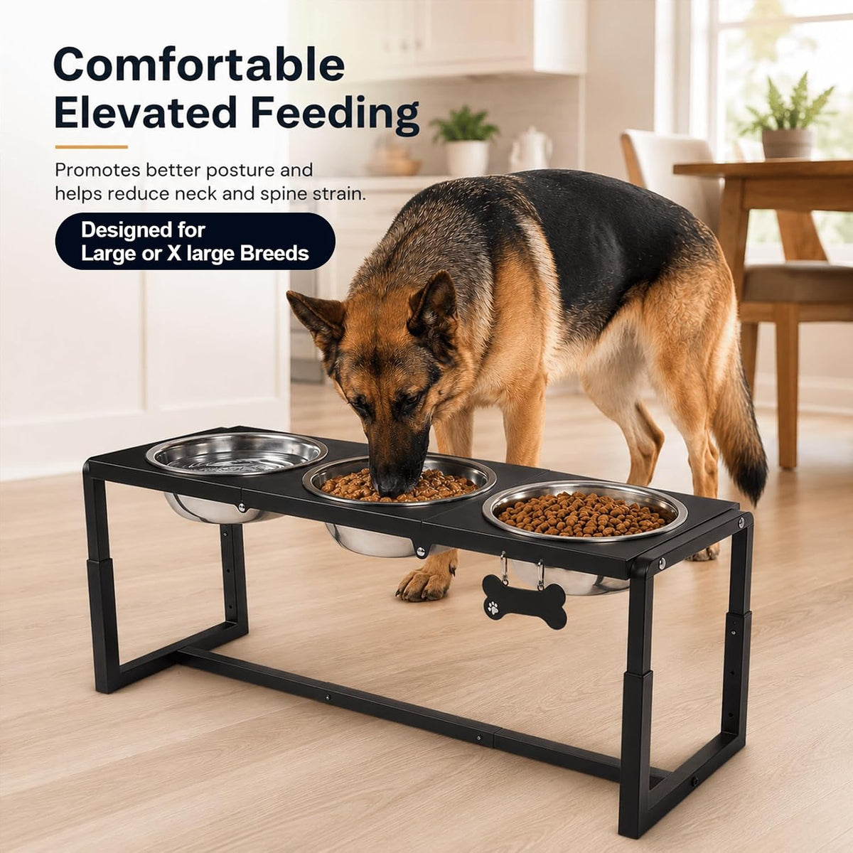 Elevated Dog Bowls, Metal Raised Dog Bowl Stand with 2 Thick 58oz Stainless Steel Food Bowls - Black-111oz x 3 / Height: 8.8-14" - image 4