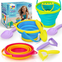 TOY Life Collapsible Beach Sand Toy Set, Silicone Beach Bucket - 3 Foldable Buckets With 6 Tools