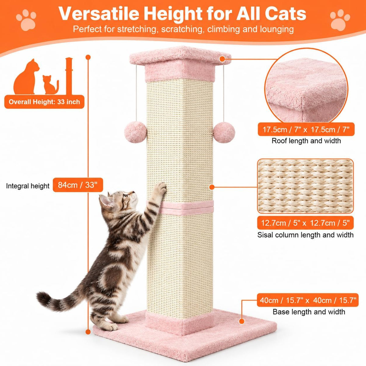 SOCATER Cat Scratching Post 33 Inch, Beige – Essentials for Cats - Pink - image 2
