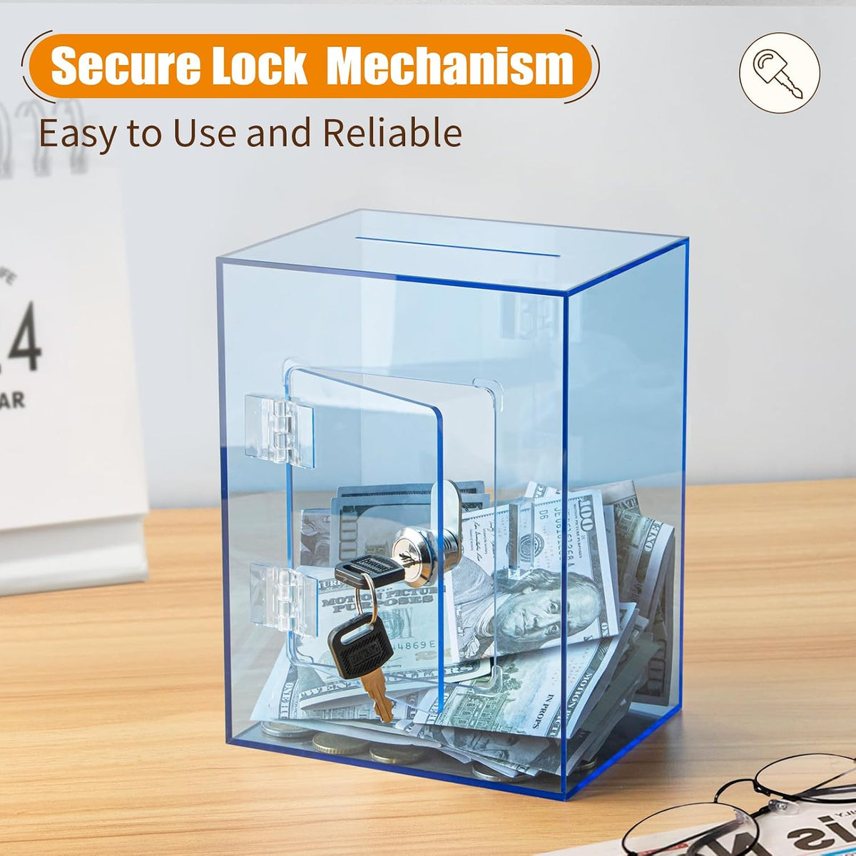 Hicocool Clear Acrylic Piggy Bank with Lock & Key - Blue - image 2