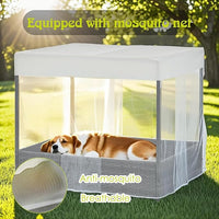Wicker Dog House Outdoor Indoor with Canopy, Weatherproof Outside Dog Shelter Bed with Cushion, 4Sided Mesh Windows, Pet House Tent Shade for Small Medium Dogs, Rattan Dog Cot for Patio Yard Gray