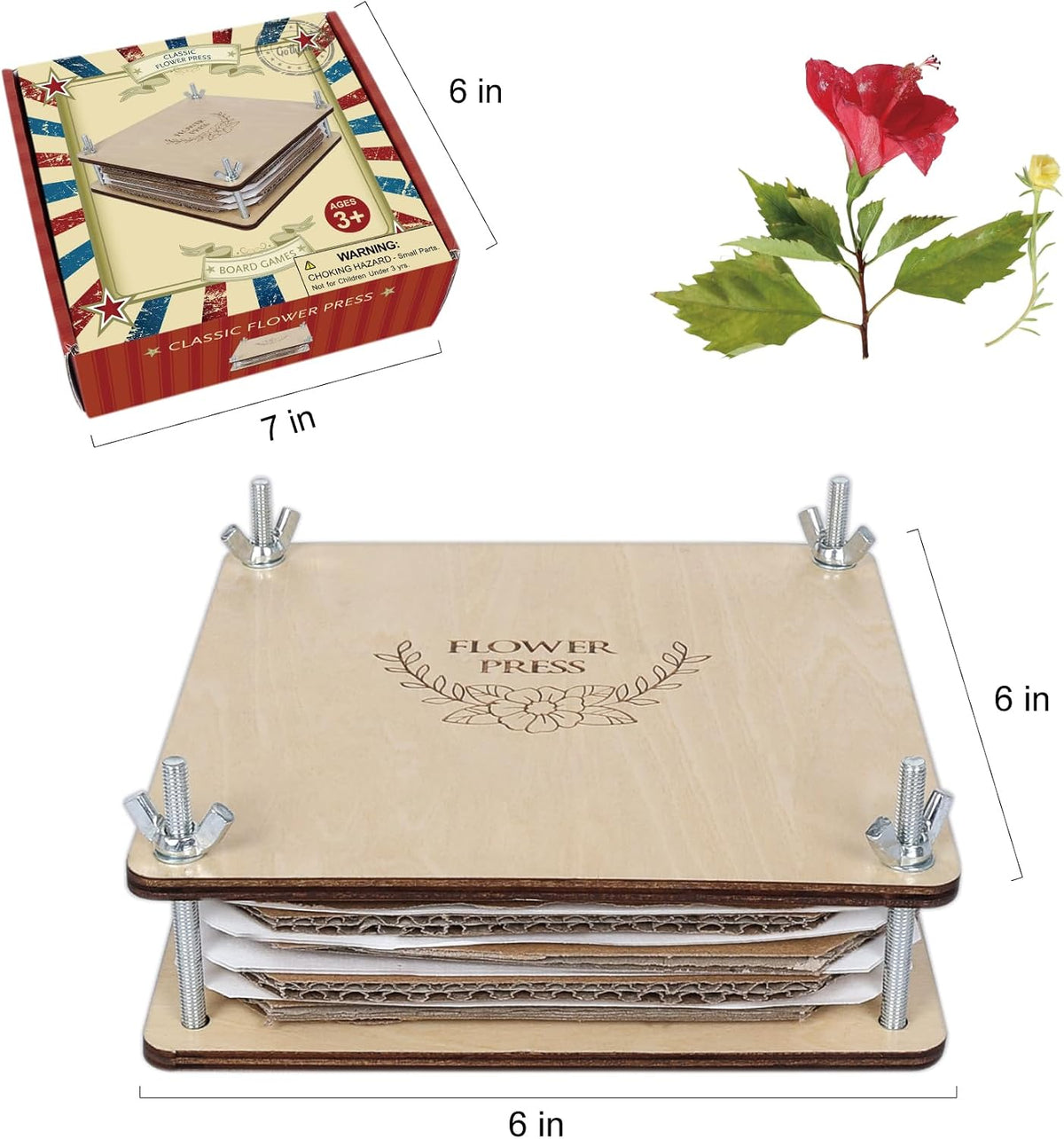 GOTHINK wooden flower press kit, 6 x 6 inches with basswood plates and blotting paper - view 2