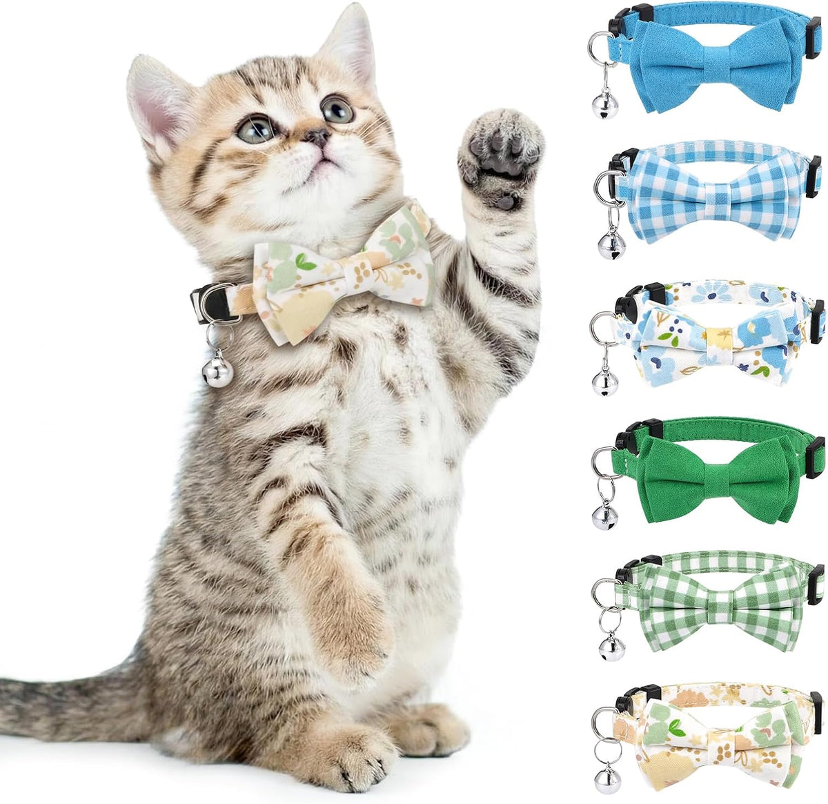 Set of 6 plaid cotton cat collars with removable bow tie and bell