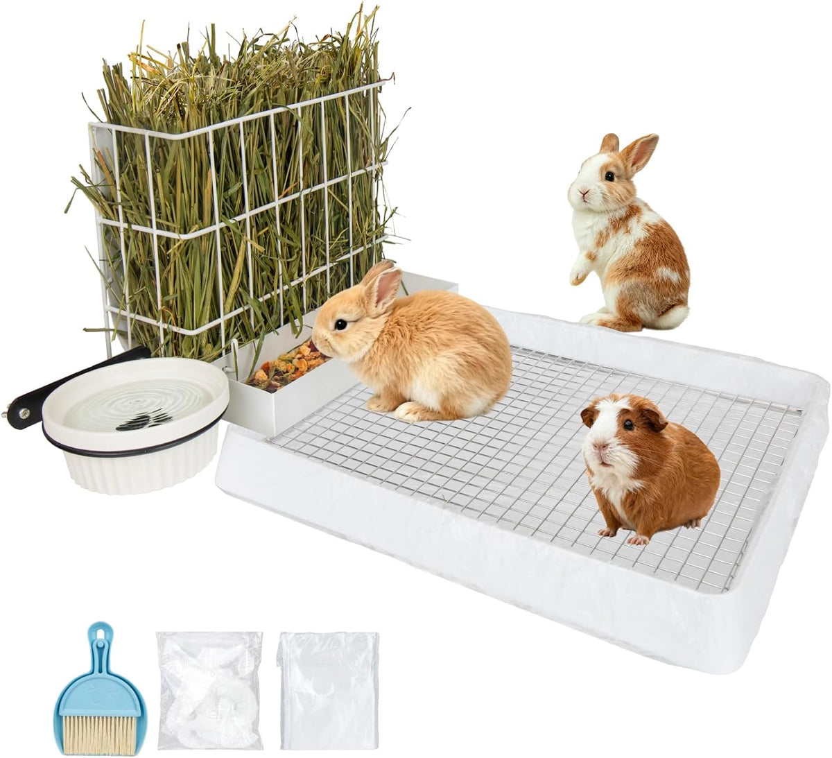 3 in 1 Guinea Pig Hay Feeder with Litter Box & Water Bowl - 10in set / White
