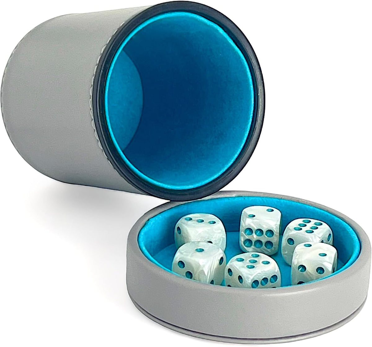 Luck Lab Gray Leather Dice Cup w/Lid & 6 Matching Pearl Dice