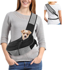 Gloppie hands-free dog carrier sling with padded shoulder strap and mesh pockets, up to 5 lbs