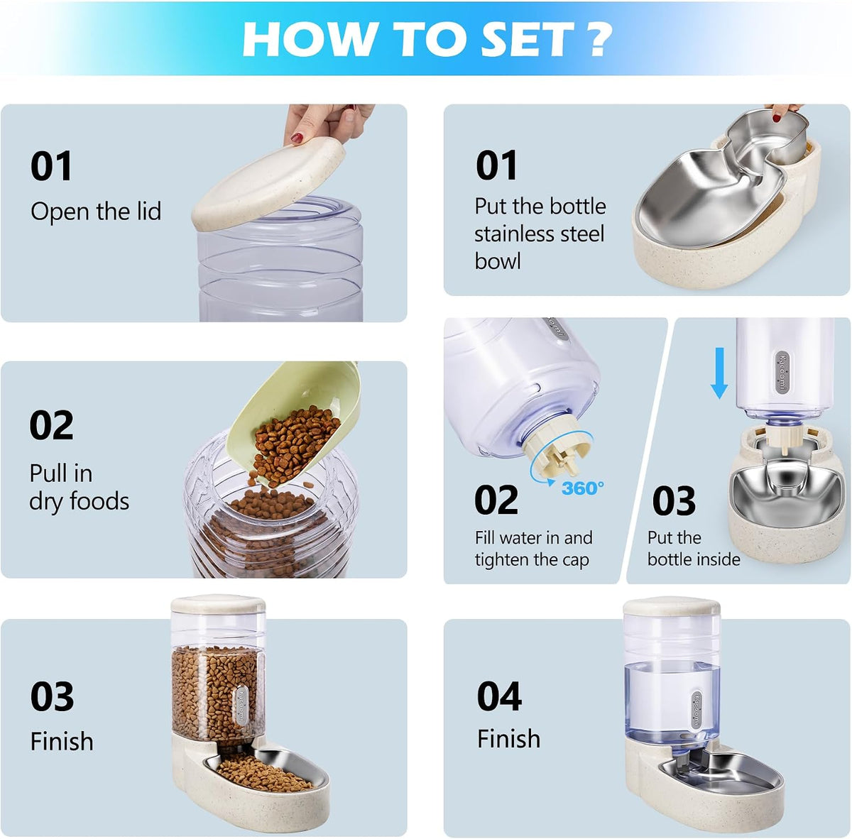 Automatic Cat Feeder and Water Dispenser with Stainless Steel Bowl - Stainless Steel-Beige - image 4