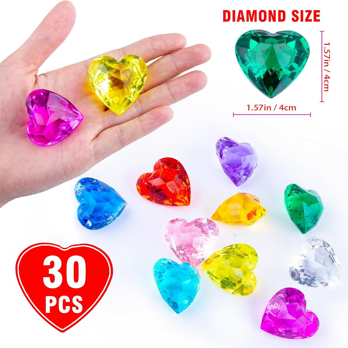 Niceup acrylic heart gems, 30 chunky 3D heart-shaped diamond gemstones for kids - view 30