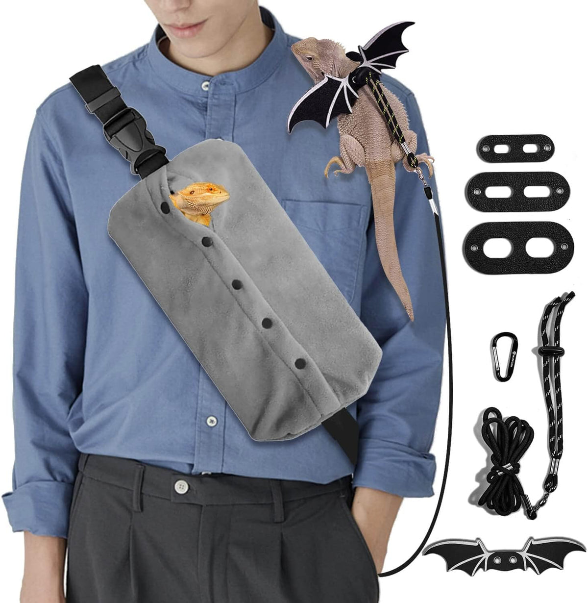 WATFOON Adjustable Lizard Leather Leash Harness and Bearded Dragon - Leash + XL Sling (Gift) / Grey