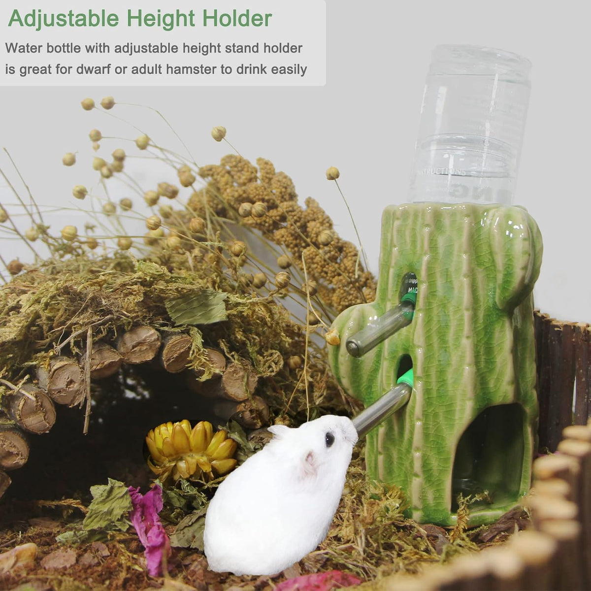 Adjustable No Drip Ceramic Hamster Water Bottle for Glass Tank – Essentials for Small Pets - Green Cactus - image 2