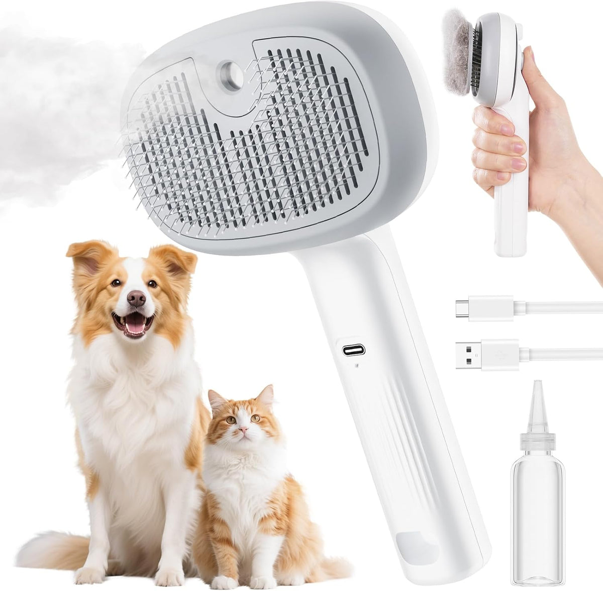 Pecute Self-Cleaning Steam Dog Cat Brush for Heavy Shedding/Long Coats – Essentials for Cats - White