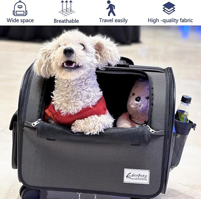 Dog Travel Bag with Removable Rolling Wheels, Airline Approved Pet Carrier, Foldable Cat Bag with Breathable Mesh, Pet Stroller(Black)