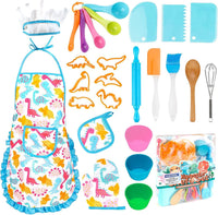 KAEGREEL Kids Baking Chef Set with Unicorn Apron and Mitt - Blue Dinosaur Apron+6 Dinosaur Cookie Cutters