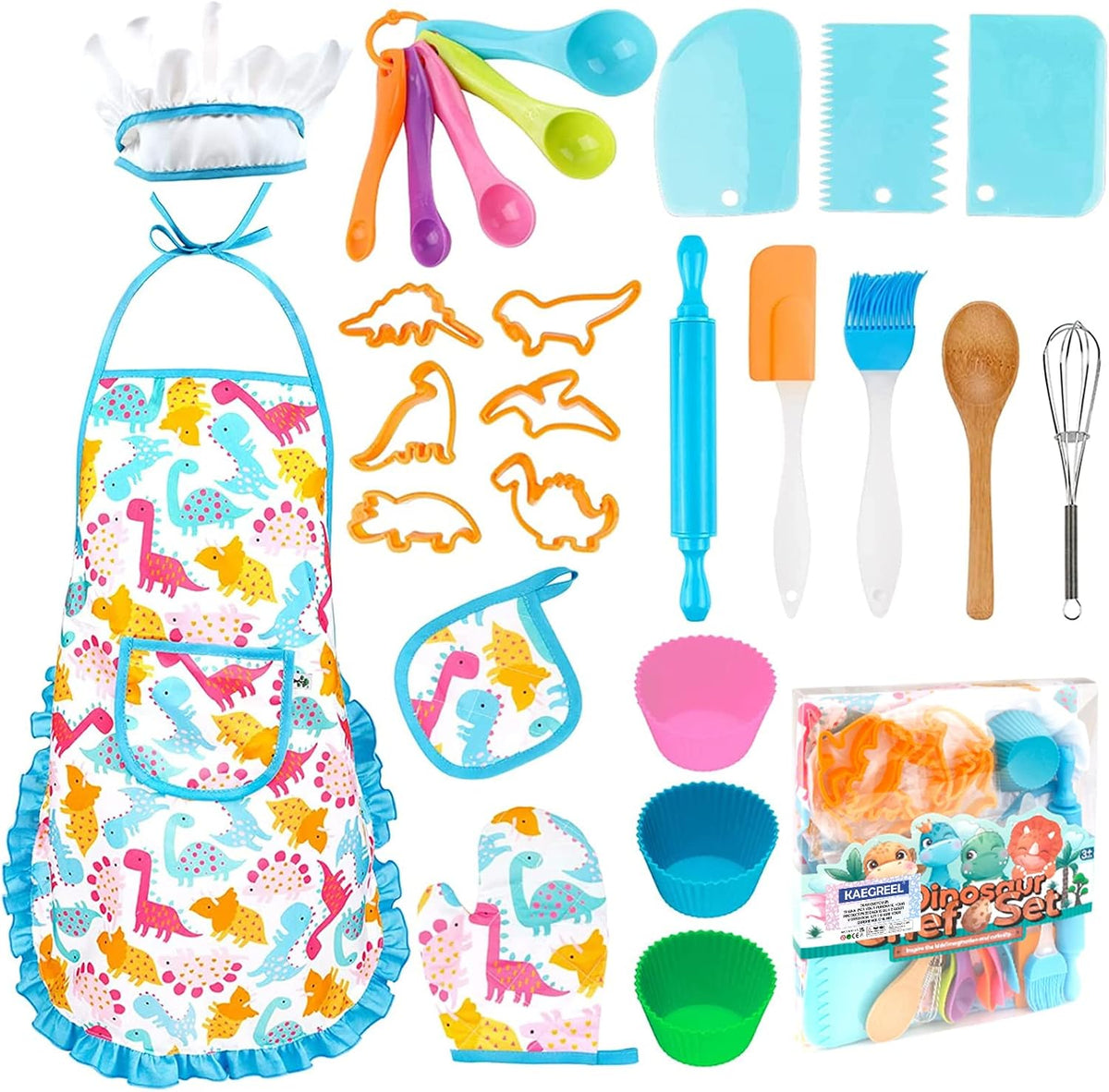 KAEGREEL Kids Baking Chef Set with Unicorn Apron and Mitt - Blue Dinosaur Apron+6 Dinosaur Cookie Cutters