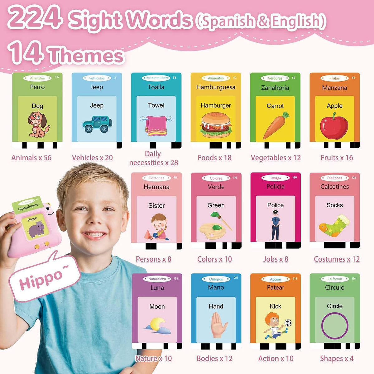 Alotwan Talking Flash Cards with 510 Sight Words - Pink / 224 Words Bilingual - image 2