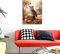 Fall Owl Wall Art Autumn Pumpkin Leaves Wall Decor Rustic Canvas Print Farmhouse Pictures Painting Print Framed Artwork Decorations Gifts for Living Room Bathroom Bedroom Office 16"x20"