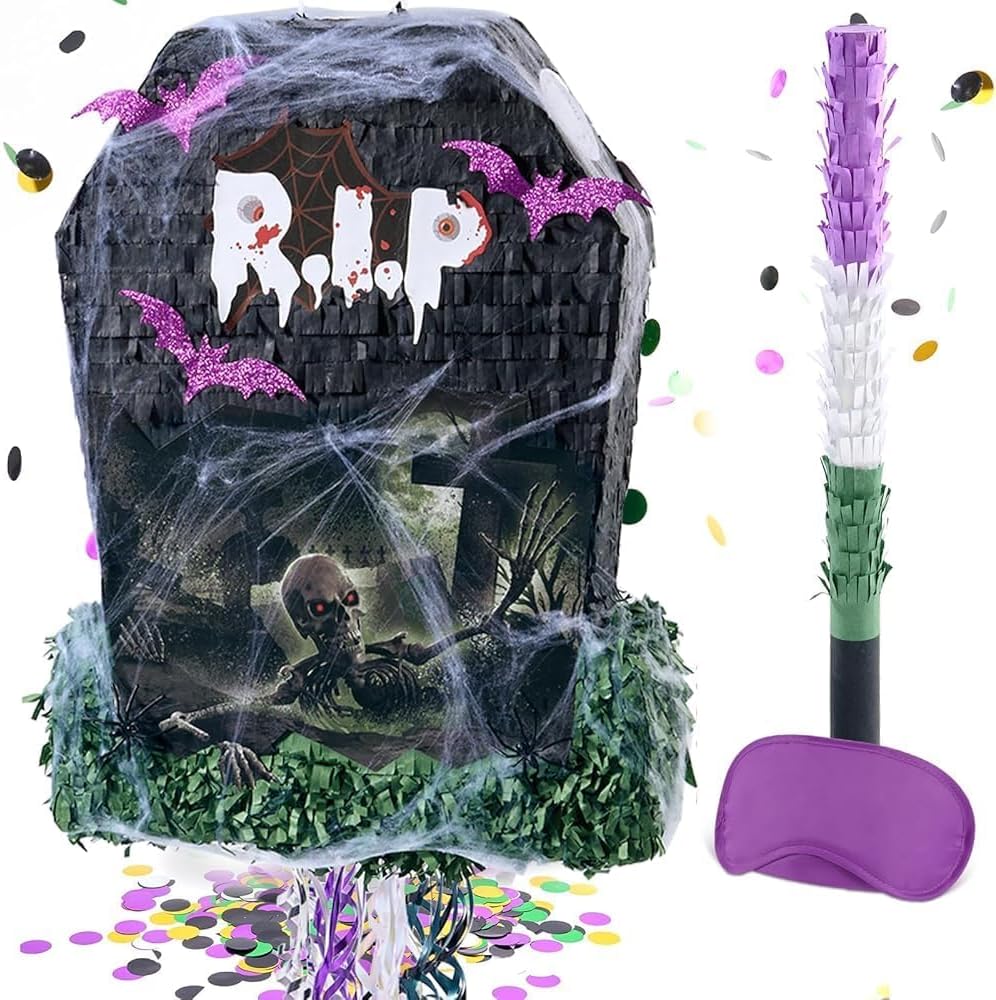 WERNNSAI Halloween skull pumpkin piñata in orange and black with spooky face - view 5