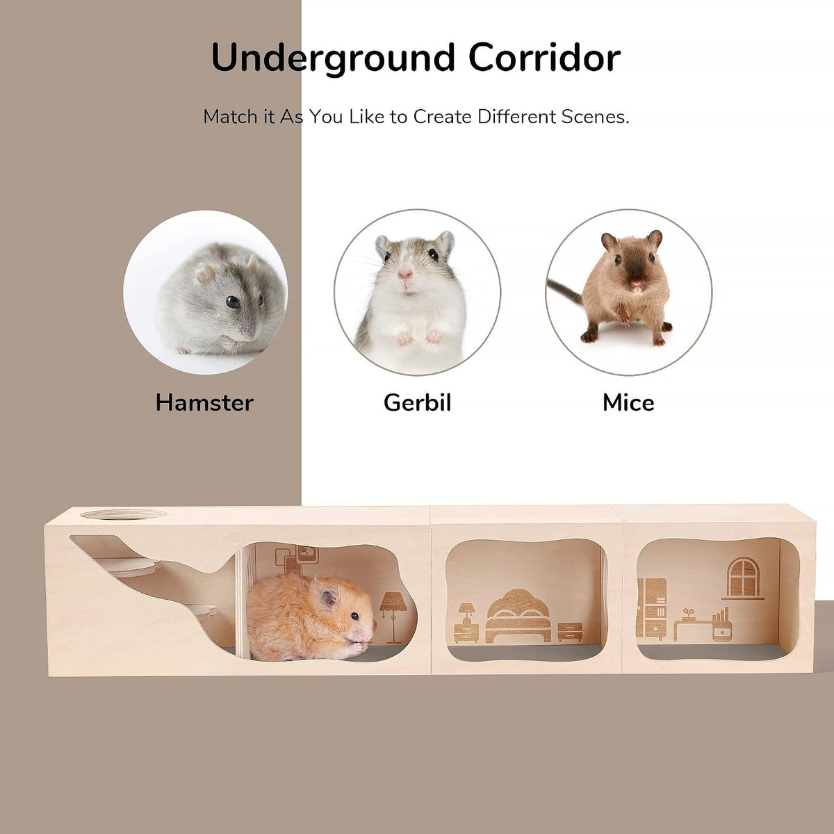 Wooden Hamster Hideout House, Small‑Pet Habitat Tunnel - Living Room - image 3