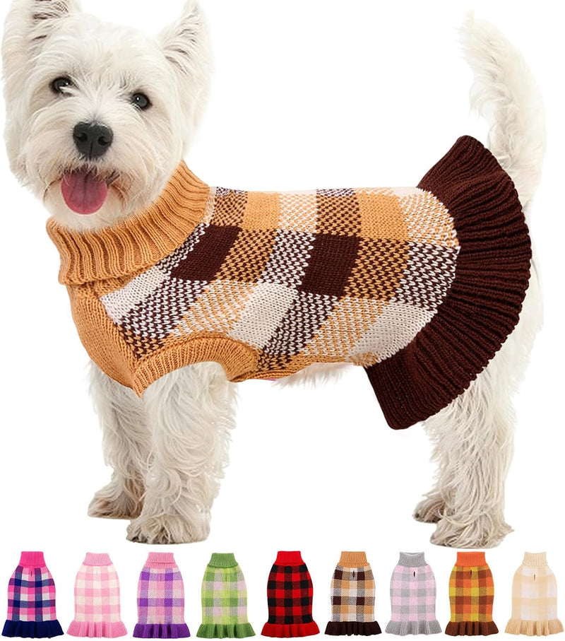 Dog Sweater Dress Plaid Knitwear for Small Dogs Girl Christmas Clothes – Essentials for Dogs - Coffee / X-Small