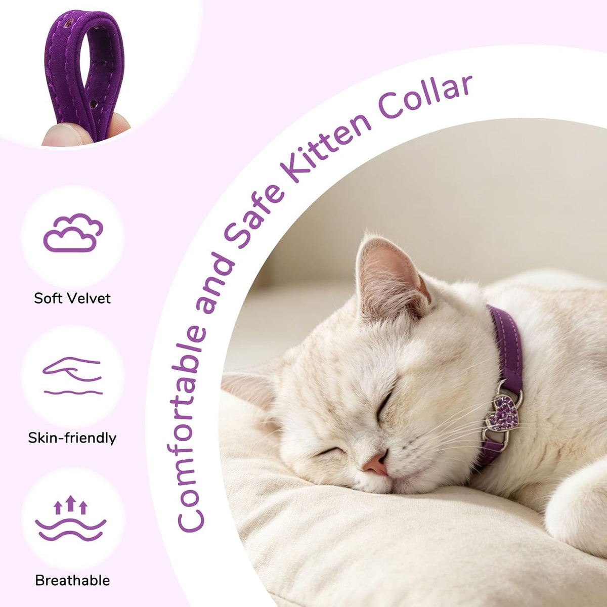 BINGPET Diamond Cat Collar with Bell, Adjustable Kitten Collar - Purple(Heart) / Neck Girth 8"-10" - image 2