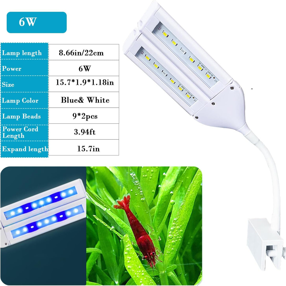 LED Aquarium Light Full Spectrum Clip Fish Tank Light Plants Light - 6W For 5-25 Gal Fish Tank - image 2