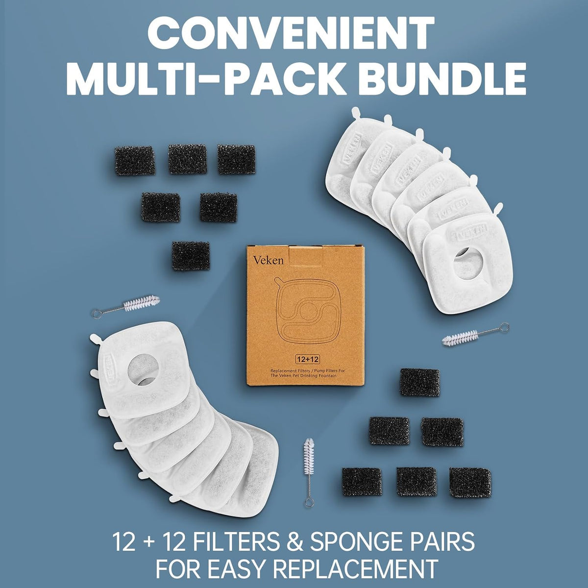 Veken Cat Water Fountain Filters, F1 Series - 12 Filters+12 Sponges (6 month supply) - image 2
