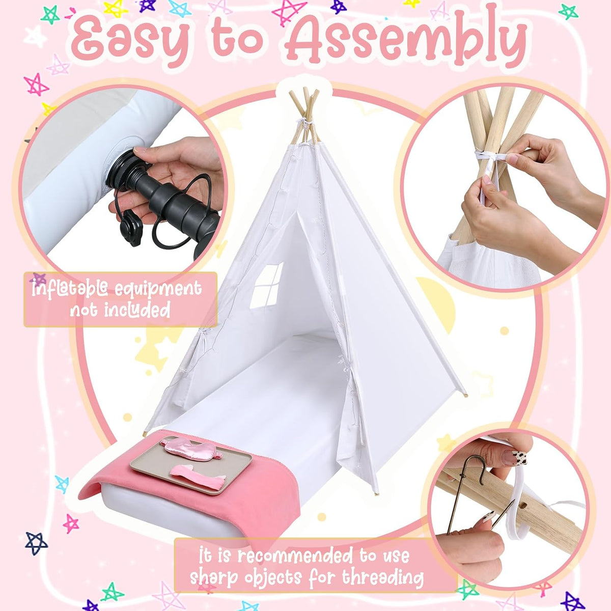 Windyun 4 pack kids sleepover teepee tents with air mattresses, blankets and star lights - view 7