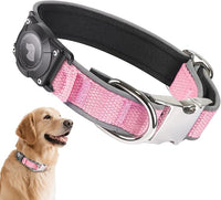 Waterproof Airtag Dog Collar - Nylon Collar with Durable Airtag Holder, Reflective&Anti-Lost with Safety Metal Buckle, Soft Padded Adjustable for Small Medium Large Dogs Pink M