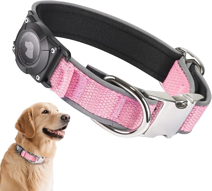 Waterproof Airtag Dog Collar - Nylon Collar with Durable Airtag Holder, Reflective&Anti-Lost with Safety Metal Buckle, Soft Padded Adjustable for Small Medium Large Dogs Pink S