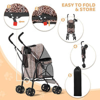 Magshion Compact Pet Stroller for Small-Medium Dogs/Cats up to 22lbs, 4-Wheel Lightweight Umbrella Shaped Portable Puppy Travel Jogger with Breathable Mesh, Cup Holder & Rear Storage, Leopard Print