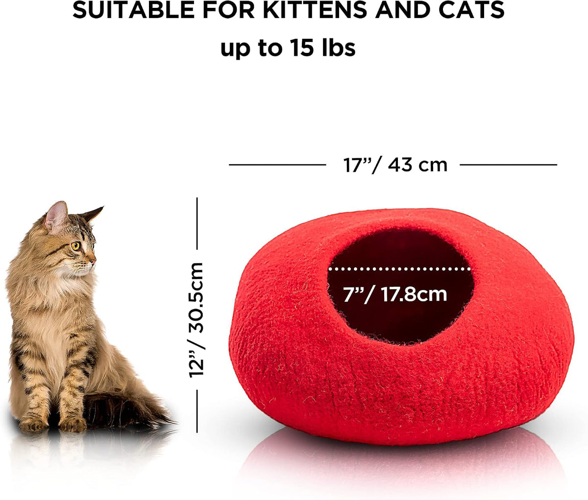 Woolygon Felt Cat Cave Bed, Merino Wool, Handcrafted – Essentials for Cats - Red Plain - image 2