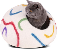 Cat Cave, New Zealand Wool Bed for Indoor Cats - Ivory Rainbow / Medium