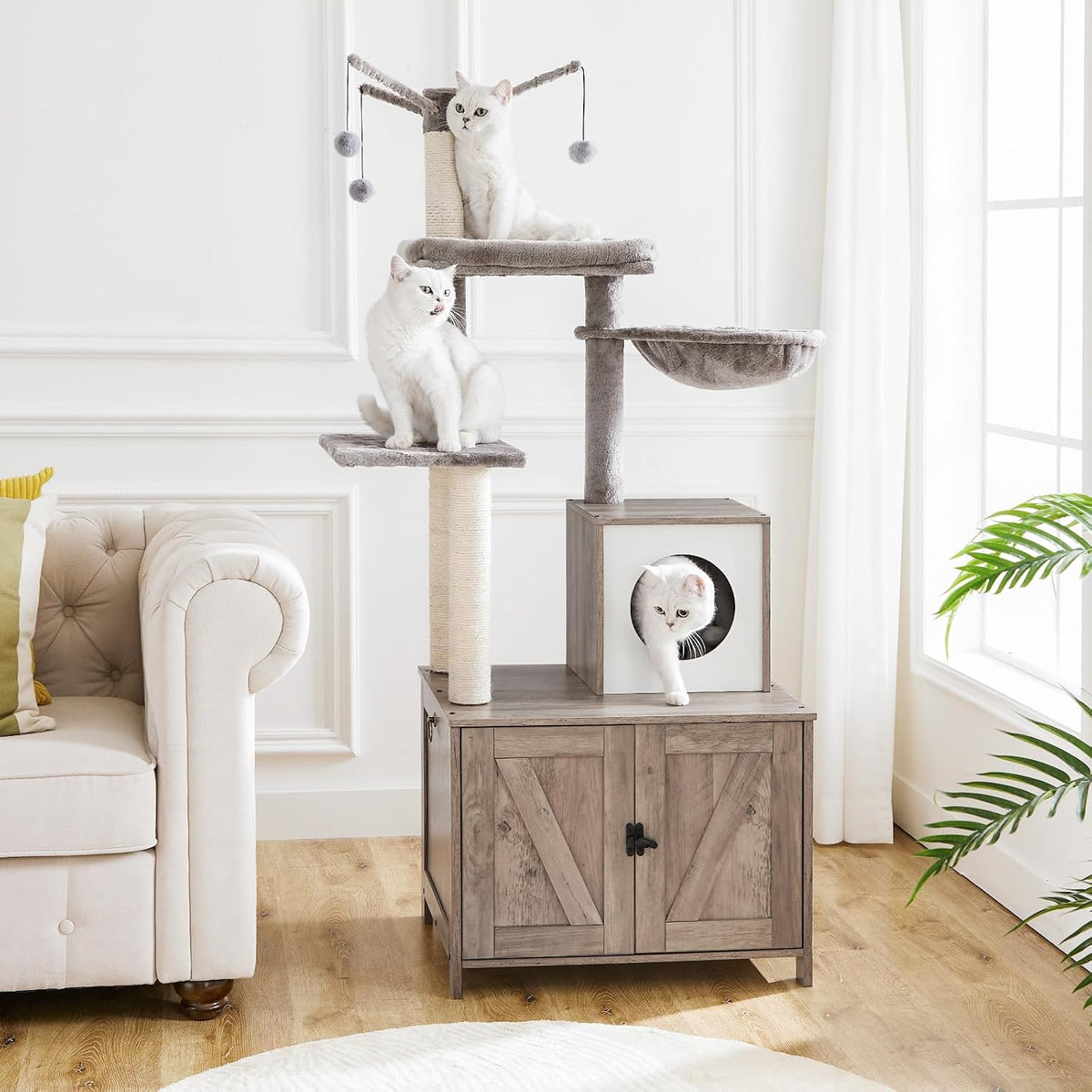 HOOBRO Cat Tree Tower with Litter Box Enclosure Indoor - Greige + White - image 4