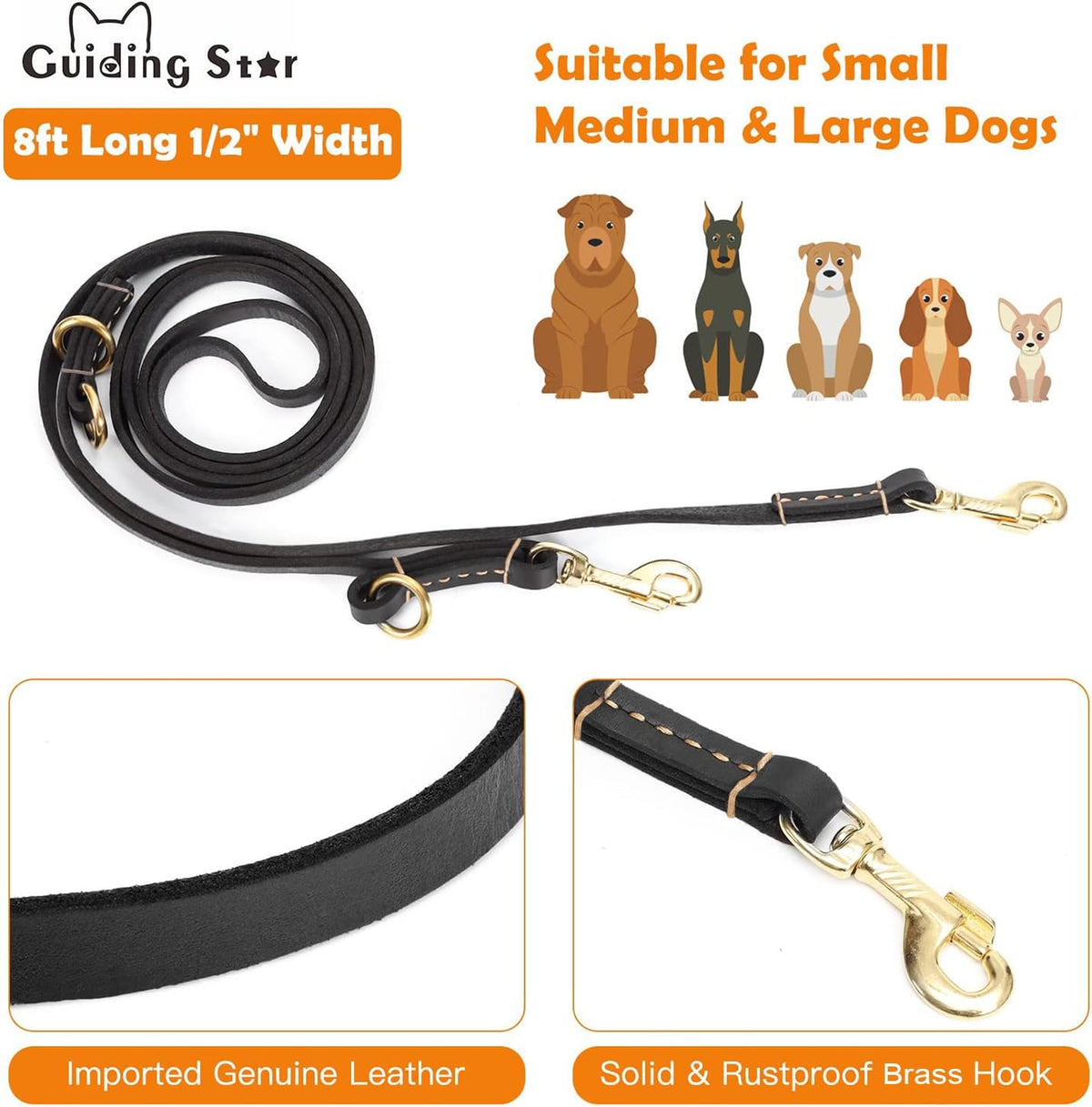 Multi Function 8ft Leather Dog Leash - Black / 8ft*1/2inch - image 2
