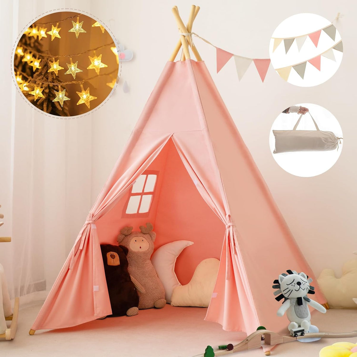 RongFa white canvas teepee tent for kids with wooden poles, flap door and mesh window - view 15