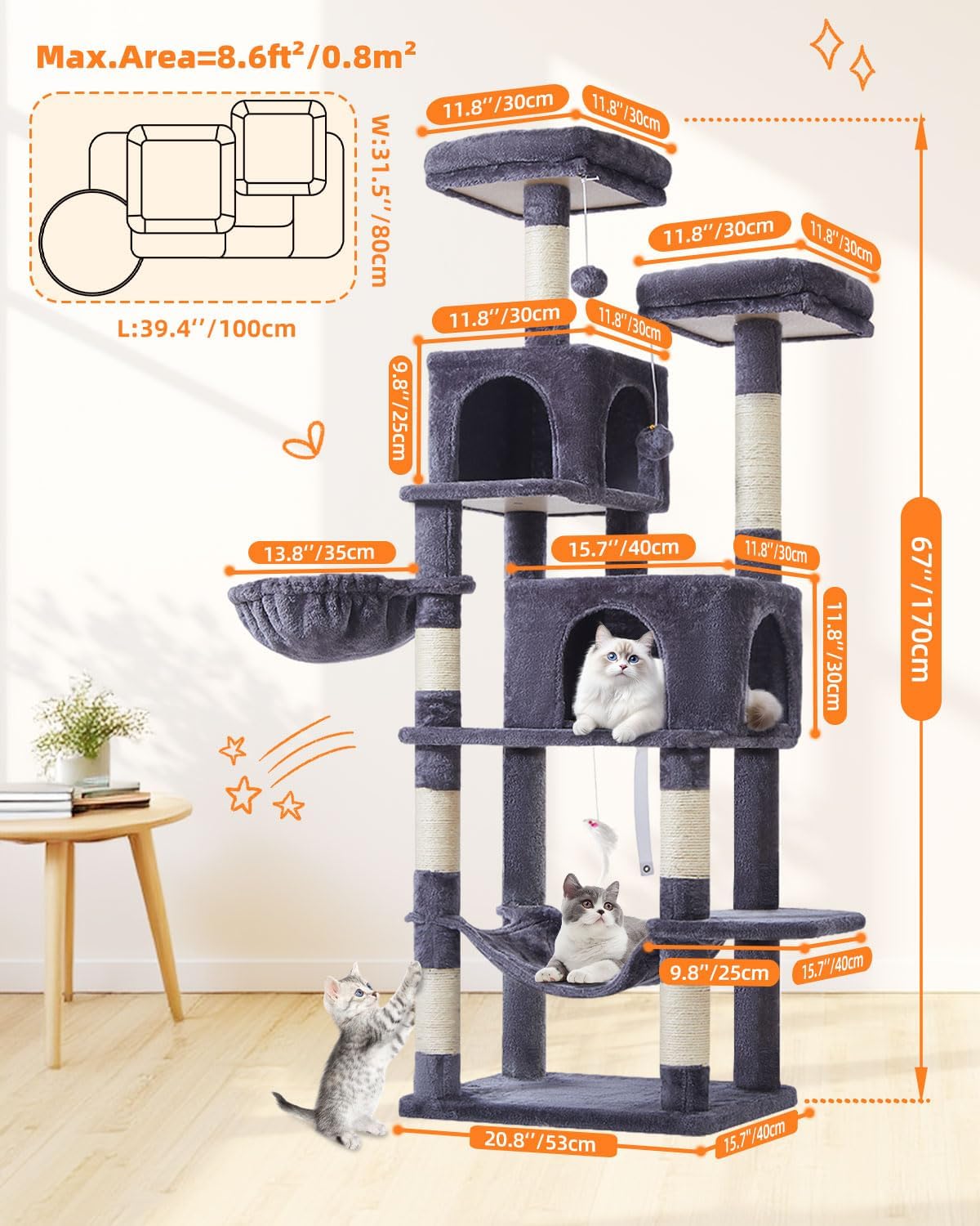 Taoqimiao Cat Tree, 67 in Tall Cat Tower with 2 Plush Cat Condos – Essentials for Cats - 67 inches / Smoky Gray - image 2